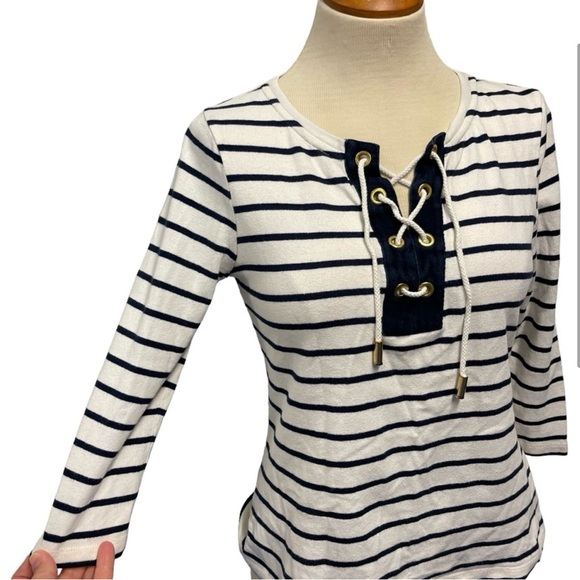 TORY BURCH NAVY WHITE STRIPE NAUTICAL TIE NECK T-SHIRT TOP TEE WOMENS X SMALL - Picture 8 of 12